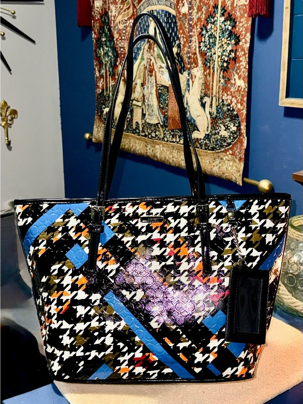 Nine West Black Patent Houndstooth Tote with Blue & Orange Accents & ID Wallet